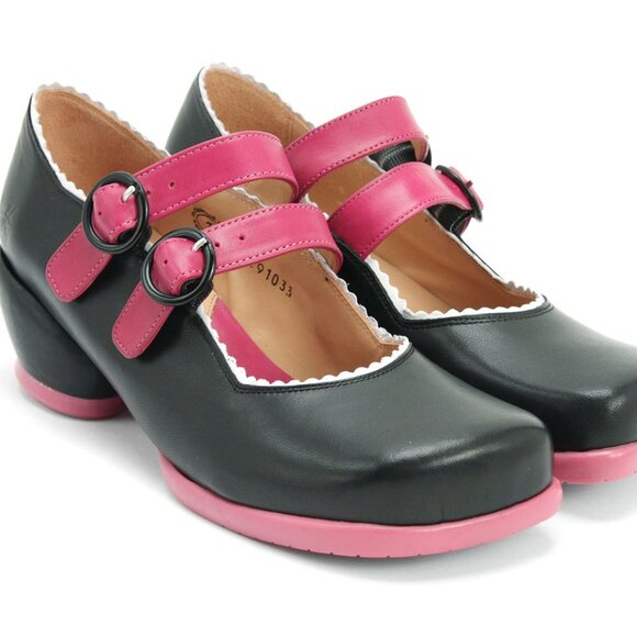 John Fluevog Shoes - John Fluevog Margie double strap with drill pink and black heart heel